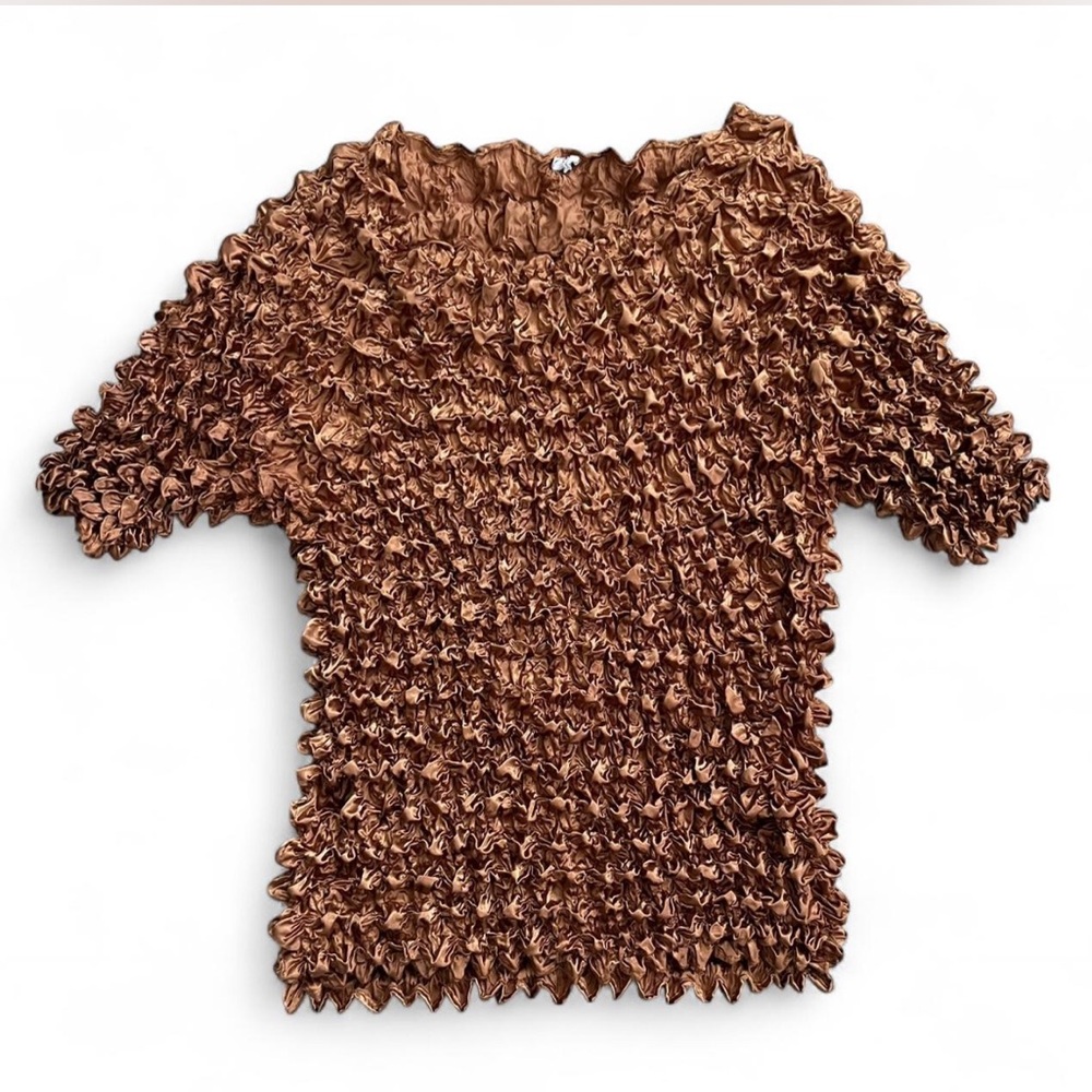 Vintage 90s Y2K Metallic Copper Popcorn Bubble Crinkle Stretch Top